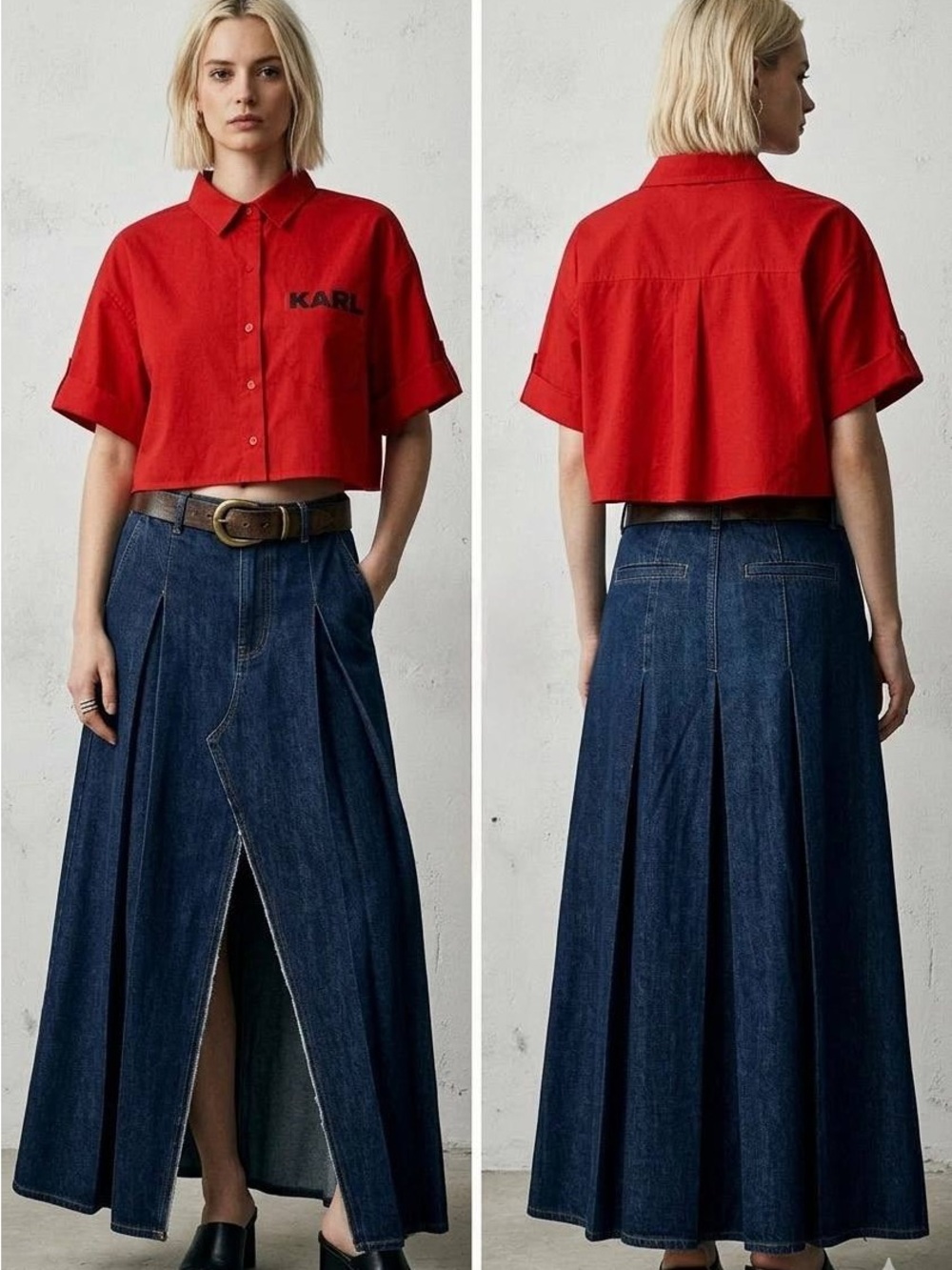 Karl Lagerfeld Red Cropped Button-Up Short Sleeve Tee